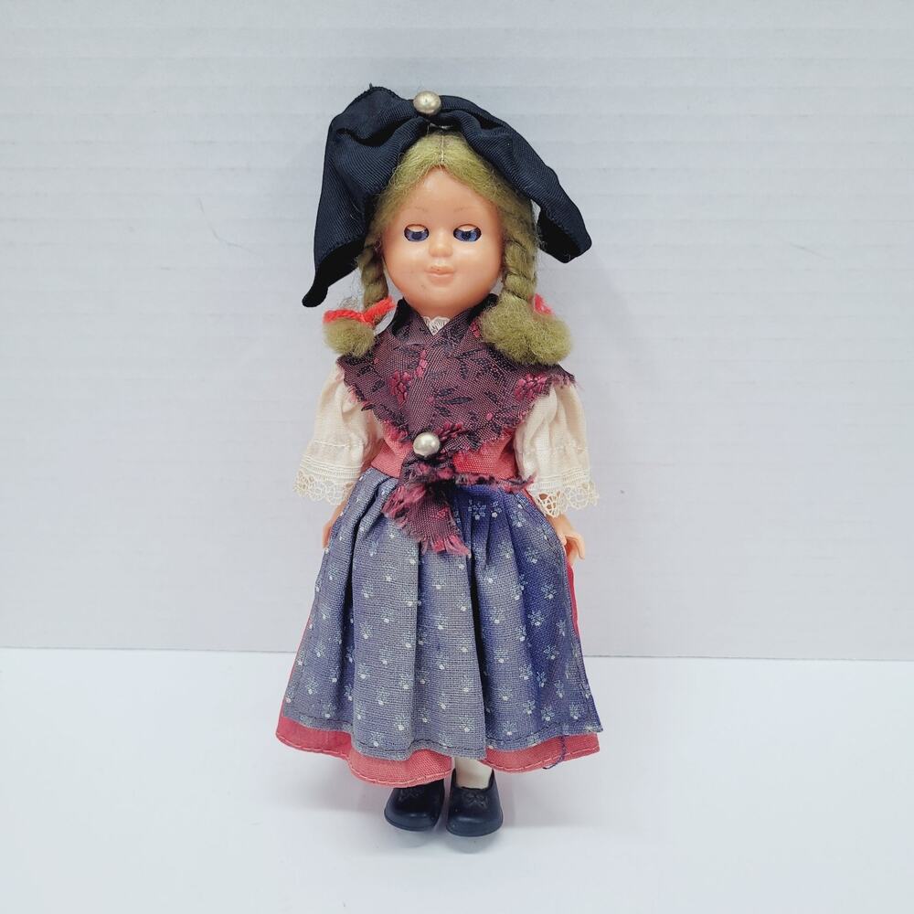 VTG EUROPEAN Ethnic Folk Milkmaid Dress Doll Blonde Hair Blue Moving Eye Big Bow